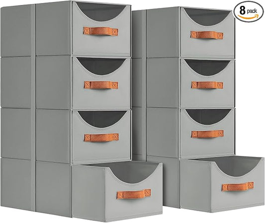 Stackable Storage Drawers - Collapsible Storage Bins with Drawers, 8 Pack Closet Shelf Organizer Basket, Fabric Pull Out Organizer for Bedroom, Living Room, Dorm, Grey by Homsorout