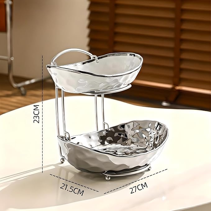 XUDREZ 2 Tier/ 3 Tier Fruit Bowl with Metal Stand for Kitchen Counter, Ceramic Gold Silver White, Portable Tiered Fruit Basket Fruit Rack for Nuts, Snacks, Bread, Candy Storage (Silver B, 2 Tier) - Image 2