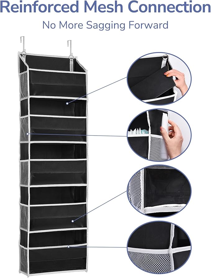 ULG 1 Pack Over The Door Organizer – 5 Shelf Door Organizer Hanging & 10 Side Pockets, Reinforced 44LB Capacity Hanging Organizer, Behind The Door Storage for Bedroom, Nursery, Pantry (Black) - Image 7