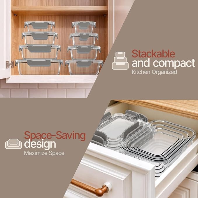 Bakken Borosilicate Glass Food Storage Containers with Lids 24 Pieces, BPA-Free Stackable Lunch & Leftover Containers, Microwave, Freezer & Dishwasher Safe, 100% Airtight Leak-Proof, Gray - Image 9