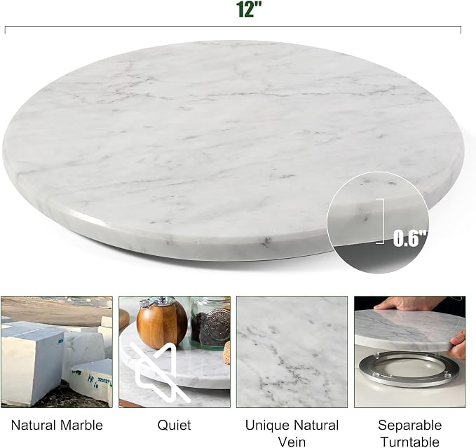 12" Marble Lazy Susan Turntable - 100% Natural Stone Round Serving Tray with Silent Spinning, Revolving Cake Stand & Cheese Board for Kitchen Countertop, Cupcake Table Display, Food, Seasoning (White) - Image 2