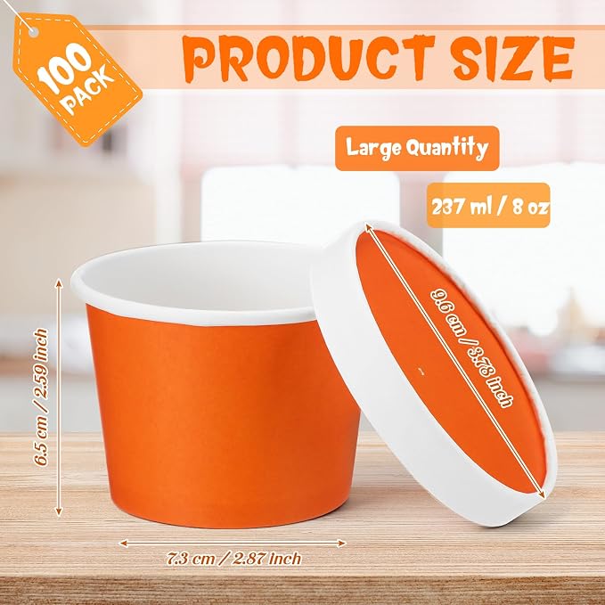 Fulmoon 100 Pack Paper Soup Containers with Lids Disposable Paper Food Containers with Vented Lid Kraft Ice Cream Cake Dessert Cups Soup Bowl for Party Hot Food Fruit Microwave(8 oz,Orange) - Image 2
