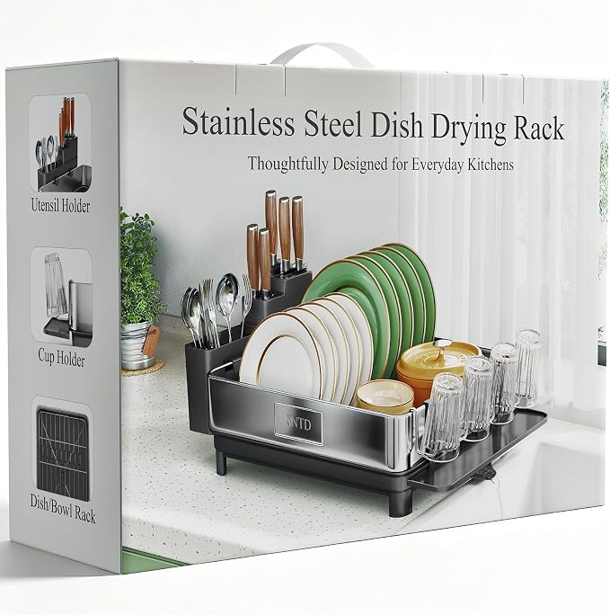 SNTD 304 Stainless Steel Dish Drying Rack for Small Kitchen Counter, Black | Rustproof, Large Capacity, Heavy-Duty Frame, Rotating Spout, Angled Drainboard, Removable Cup & Utensil Holder - Image 9