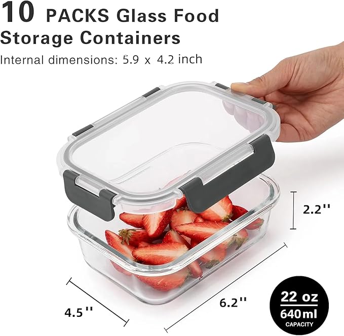 Cuiselect 10 Pack 22 Oz Glass Meal Prep Containers with Lids, Reusable Glass Food Storage Containers with Lids, Microwave, Oven, Freezer and Dishwasher Safe (Gray) - Image 6