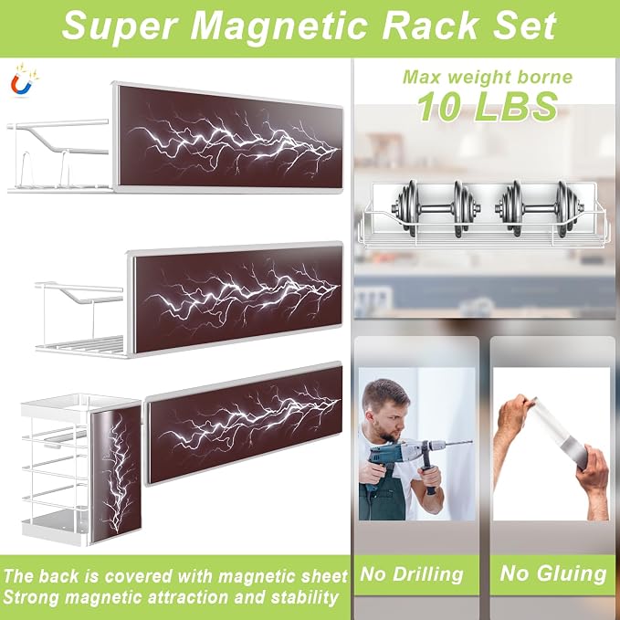 Magnetic Spice Rack for Refrigerator, 6 Pack Strong Magnet Spice Organizer with Paper Towel Holder, Utensil Holder, Moveable Magnetic Fridge Shelf for Kitchen Organization and Storage (White) - Image 3