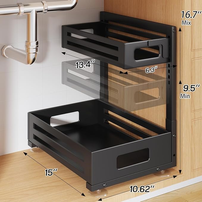 1 Pack Under Sink Organizer,Pull Out Cabinet Organizer with Smooth Cylindrical Rail,Metal Slide Out Drawer for Kitchen Bathroom Laundry Cabinet,8-Level Tool Free Height Adjustable-Black - Image 2