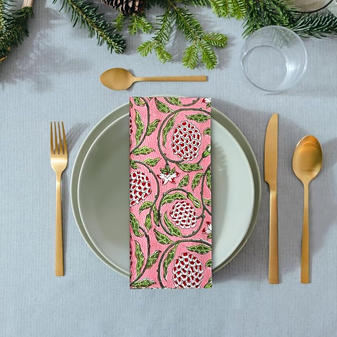 Strawberry Pink Hand Block Print 100% Cotton Napkins 18" x 18" (Set of 4) Reuseable Kitchen Napkins Cloth Decor Dinner Party Wedding Cocktail Gift for Spring, Easter, Summer - Image 3