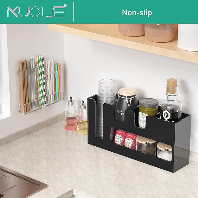 2-Tier Coffee Station Organizer for Countertop, 5 Compartments Black Acrylic Cup and Lid Holder Tea Condiment Storage Upright Coffee Bar Organizer Pod Dispenser for Office Breakroom Home Kitchen - Image 3