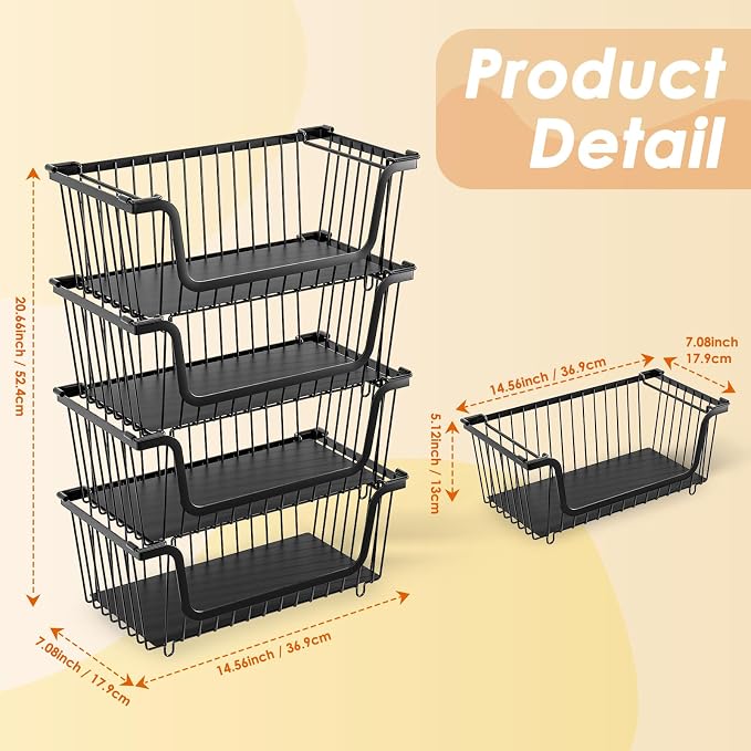 4 Pcs Stackable Wire Baskets for Pantry Organizers and Storage, Black | Metal Baskets with Handles,Produce Potato Onion Storage Bin,Vegetable Fruit Basket for Countertop, Kitchen Storage - Image 5