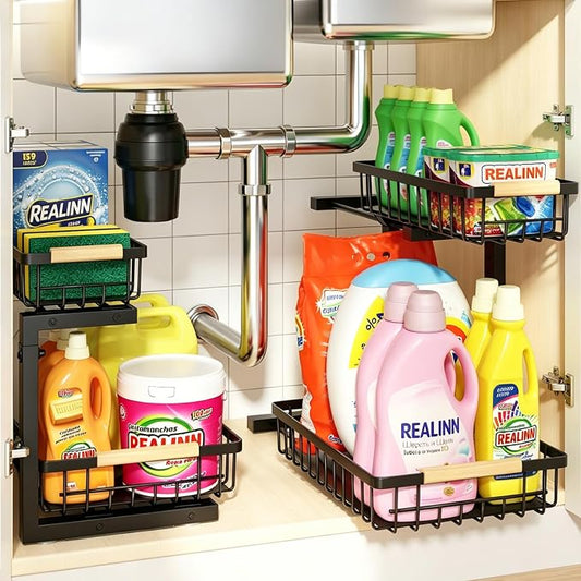 Under Sink Organizer, 2 Pack Height Adjustable Under Sink Organizers and Storage, 2 Tier Pull Out Drawer Cabinet Storage for Kitchen Bathroom by REALINN