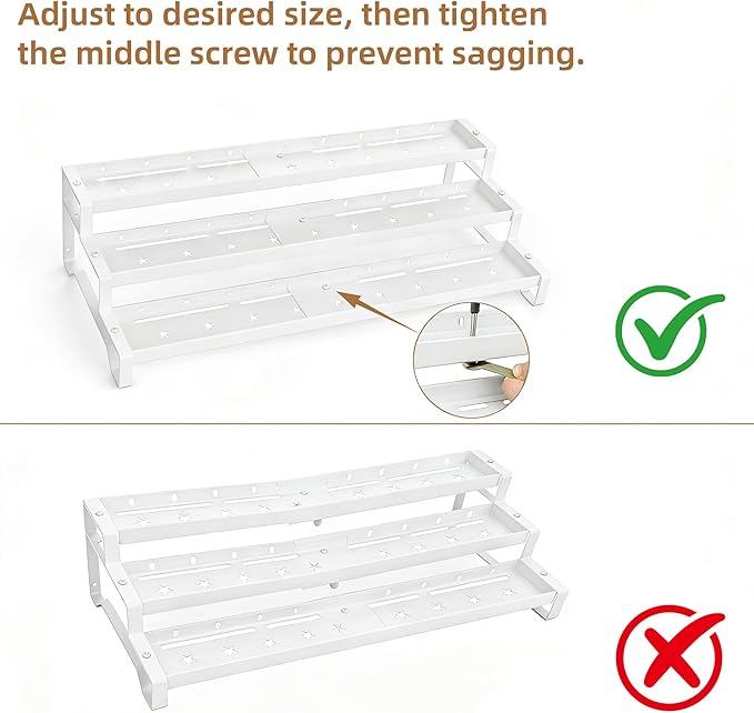 Expandable Spice Rack Organizer for Cabinet 3 Tier Spicy Shelf White 1Pack | Adjustable Length 13"-21", Metal Seasoning Organization, Slip-Resistant Guardrails for Jars, Cabinet & Countertop Storage - Image 7