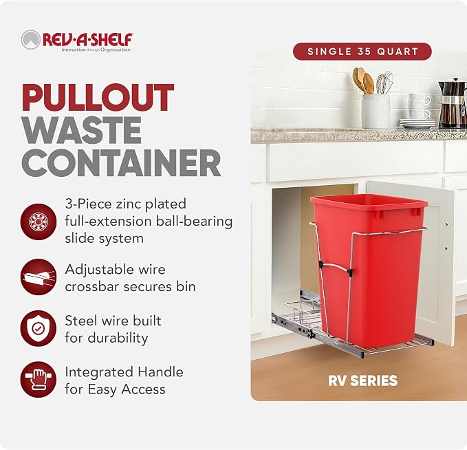 Rev-A-Shelf Pullout Trash Can for Kitchen Cabinets 35 Qt Garbage Waste Recyling Bin with Full Extension Slides, Red, RV-12KD-16C-S - Image 2