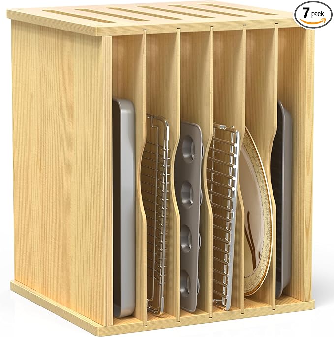 7 Tier Large Size Wooden Tray Dividers for Cabinets, Cookie Sheet Organizer | Premium Wood, Multiple Sizes, Saving Space, Vertical Tray Dividers for Storing pans, Baking trays, Cutting Board by sandpaint