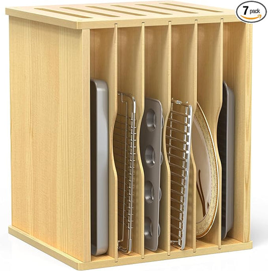 7 Tier Large Size Wooden Tray Dividers for Cabinets, Cookie Sheet Organizer | Premium Wood, Multiple Sizes, Saving Space, Vertical Tray Dividers for Storing pans, Baking trays, Cutting Board by sandpaint
