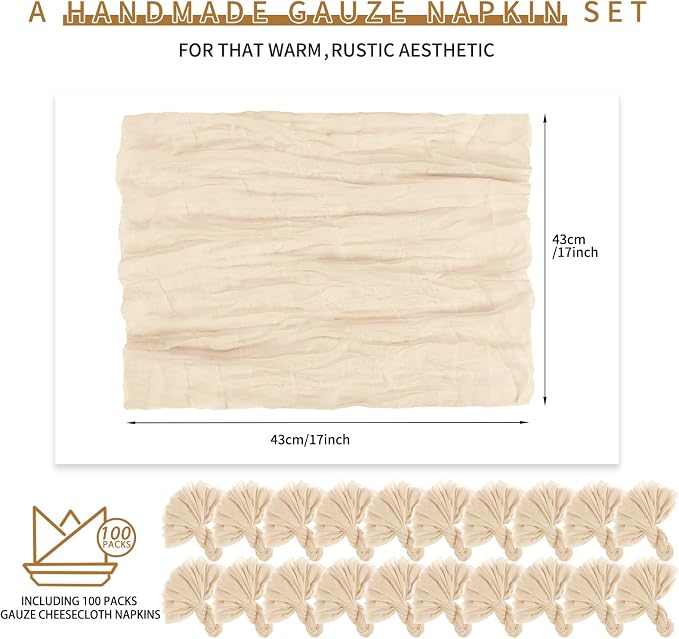 100 Pieces Cloth Napkins Beige Dinner Cheesecloth Napkins for Wedding,Wrinkled Cloth Napkins Bulk for Home Party Rustic Table Decoration, 17 x 17 Inch - Image 2
