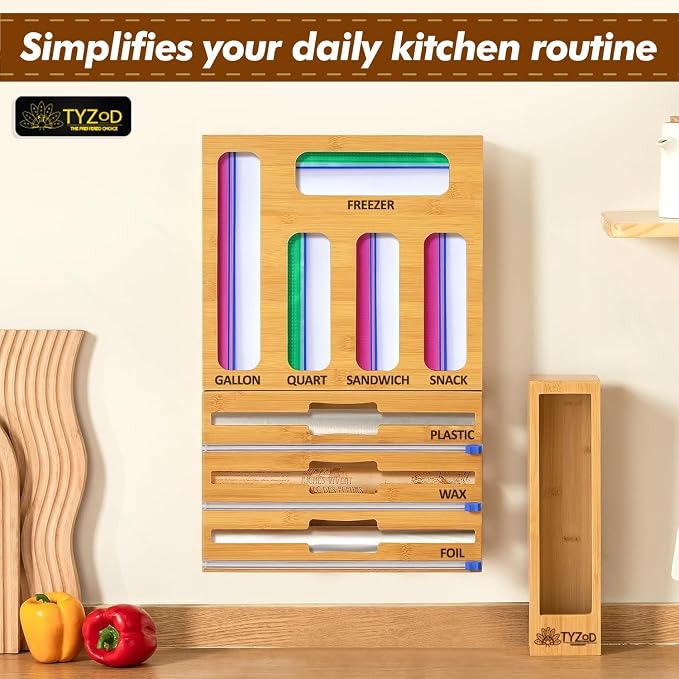 9-in-1 Bamboo Storage Bag Organizer with Cutter, Kitchen Drawer & Wall Mount Storage for Foil, Plastic Wrap, Gallon, Quart, Sandwich, Snack & Freezer Bags, Fits Rolls ≤12” Long, ≤2” Diameter - Image 5