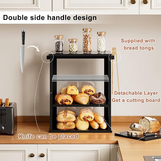 WOWLIVE Bread Box for Kitchen Countertop, 3 Layers Bread Storage Container | Large Bamboo Bread Bin for Homemade Bread with Window, Farmhouse Breadbox Organizer for Kitchen, Cabinet, Black, Meduim - Image 5