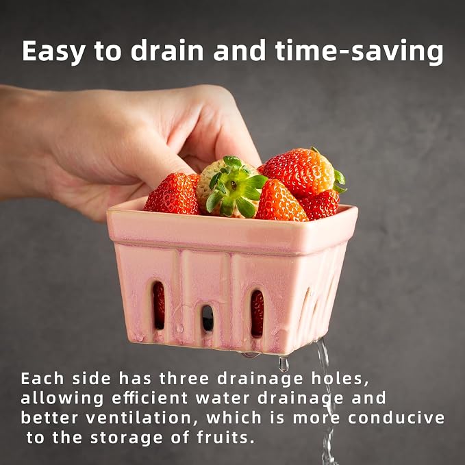 Ceramic Berry Basket, 4.2" Colander Set of 2 with Holes | Drainage holes help excess water flow away after washing berries, grapes, cherries, tomatoes, and fresh fruit - Image 3
