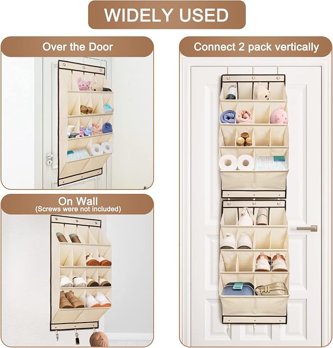 FENTEC 2 Pack Over the Door Shoe Organizer, Hanging Shoe Organizer, 28 Large Deep Pockets Door Shoe Rack with 6 Hooks Shoe Organizer for Shoes, Sneakers, and Home Accessories, Beige - Image 7