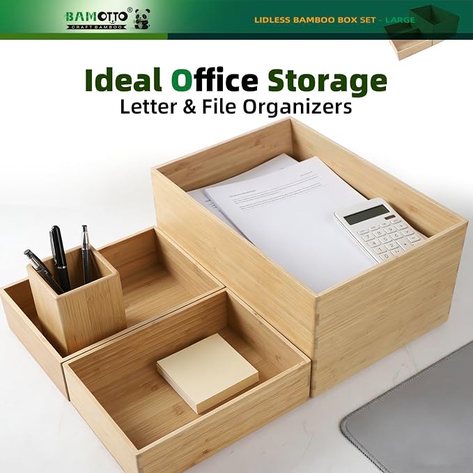 BAMOTTO CRAFTBAMBOO 3-Piece Bamboo Storage Box Set Stackable Organizer | Large 14.6"x10.2"x7.1" + 2x Small 10.2"x7.3"x3" | Open-Top | Deep-Drawer Bin for Kitchen Cutlery Utensils Knives - Image 5