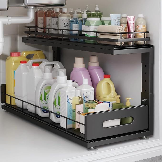 Under Sink Organizer Upgrade To Professional Rails,2-Tier Dual Pull Out Cabinet Storage,Height Adjustable Slide Out Drawers For Bathroom Kitchen,1 Pack-21"Dx12.8"-16.9"H,Black by UnderSinkOrganizer