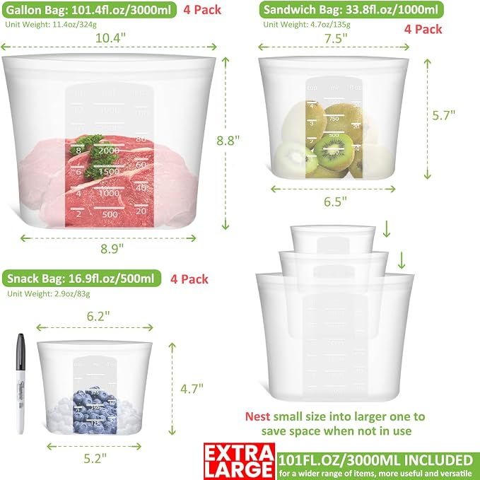100% Silicone Reusable Storage Bag, 12 Pack Stand-Up Wide-Mouth Zip-Lock Food Storage Bags, Easy-Fill Easy-Open Easy-Clean Space-Saving, Microwave & Dishwasher Safe, Gallon/Sandwich/Snack, Translucent - Image 3