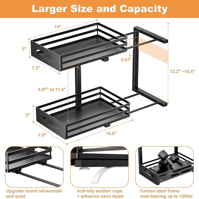Under Sink Organizer, 2 Tier Under Sink Organizers and Storage, Adjustable Height, Slide out Metal Cabinet Organizers, Pull out Cabinet Storage Drawer Shelf for Kitchen Bathroom (Black, 1 Pack) - Image 4