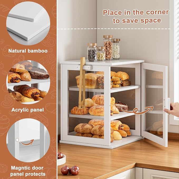 WOWLIVE Bread Box for Kitchen Countertop, 3 Layers Bread Storage Container | Large Bamboo Bread Bin for Homemade Bread with Window, Farmhouse Breadbox Organizer for Kitchen, Cabinet, White, Extra Large - Image 4