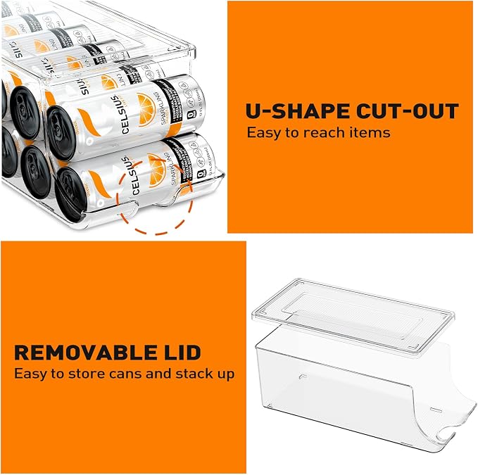 SCAVATA 2 Pack Skinny Can Organizer for Refrigerator, Stackable Tall Skinny Soda Pop Can Holder Dispenser with Lid for Fridge Pantry Rack Freezer, Clear Plastic Storage Bins-Holds 12 Slim Cans Each - Image 4