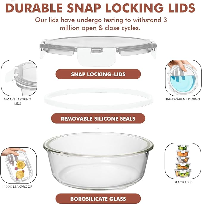 Razab 30 PC Glass Food Storage Containers with Lids - Reusable Glass Meal Prep Containers for Lunch and Leftovers - Airtight & Leakproof Snap Locking Lids - Oven, Freezer, Microwave, Dishwasher Safe - Image 3