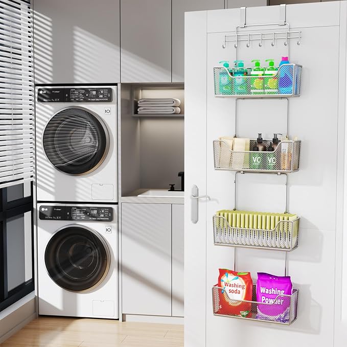 HapiRm Over The Door Organizer - Hanging Door Organizer with 4 Metal Large Capacity Baskets and Adjustable Coat Hook for Bathroom Bedroom Kitchen Pantry Closet Cabinet - Image 2