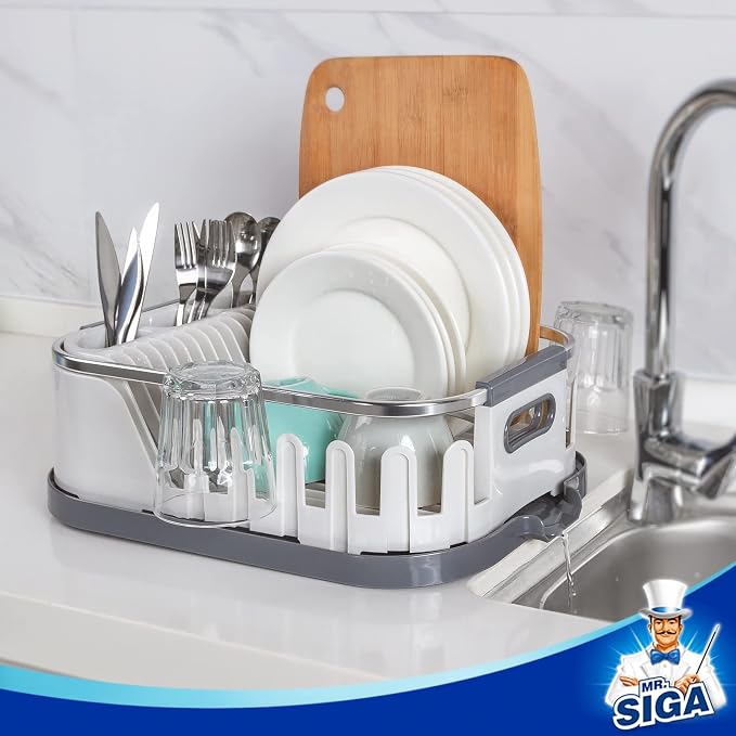 MR.SIGA Dish Drying Rack for Kitchen Counter, Compact Plastic Dish Drainer | Kitchen drying rack for dishes, cups, knives, spoons and forks, removable drainboard - Image 6