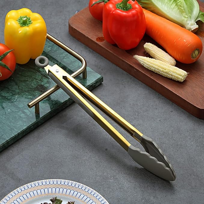 Gold Cooking Tongs, Berglander Heavy Duty Food Tongs For Cooking With Silicone Tips And Titanium Gold Plating Handle, Kitchen Tongs, Grill Tongs, Dishwasher Safe, Easy to Clean - Image 3