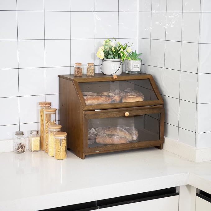 HOMEKOKO Double Layer Bread Box, Wooden Bread Storage Bin, Brown | Keeps Bread Fresh 3-4 Days, Large Capacity Fits 2+ Loaves, Suitable For Home Kitchen Food Storage Use, See-Through Window - Image 6