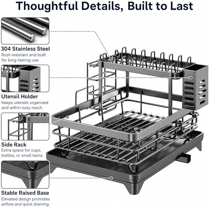 2-Tier 304 Stainless Steel Dish Drying Rack for Kitchen Counter, Gray | Dish rack separates plates, bowls, cups and utensils, while side drainage directs water toward the sink. - Image 7