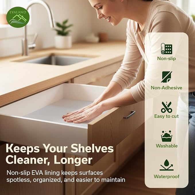 EVALAND Shelf Liner Cabinet Liner Non-Adhesive Drawer Liner 13.8 in x 20 FT | Non-Slip, Washable, Waterproof, Fridge Liners, Contact Paper, Shelf Liners for Cabinets, Kitchen, Refrigerator, Clear - Image 3
