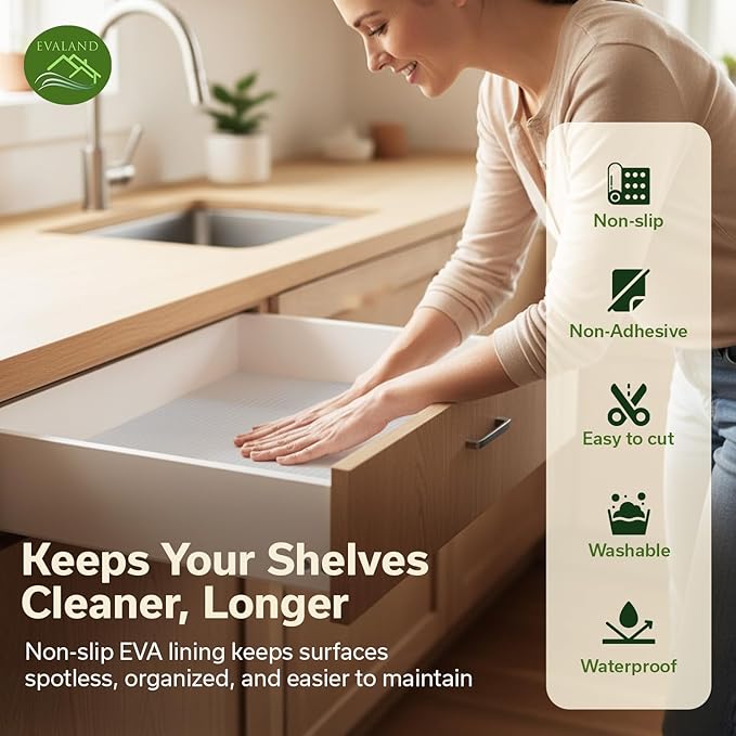 EVALAND Shelf Liner Cabinet Liner Non-Adhesive Drawer Liner 12 in x 33 FT | Non-Slip, Washable, Waterproof, Fridge Liners, Contact Paper, Shelf Liners for Cabinets, Kitchen, Refrigerator, Clear - Image 3