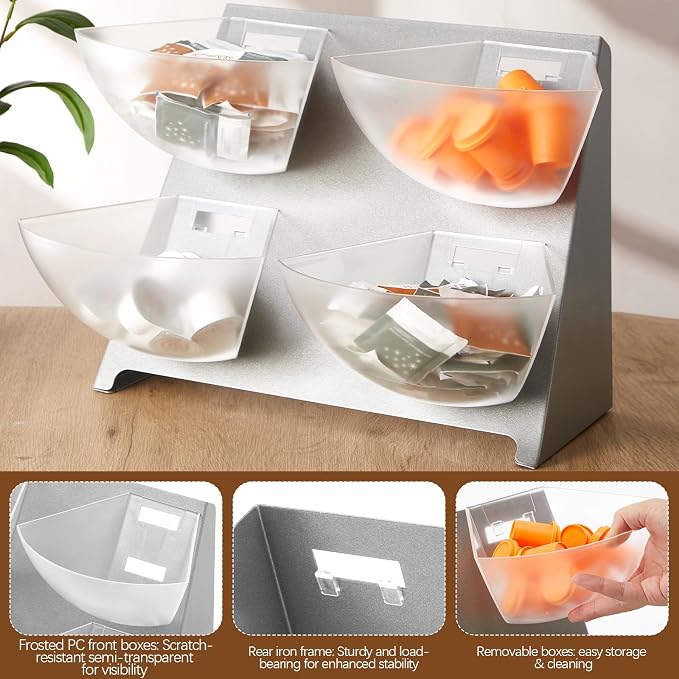 DoubleFill 15.5''x10''x 10.5'' Coffee Condiment Packet Organizer with 4 Removable Compartments Steel Coffee Caddy Station Creamer Sugar Tea Holder for Bar Countertop Office Kitchen Accessories(Silver) - Image 4