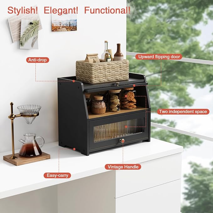 Goozii Large Bread Box for Kitchen Countertop, Black Bread Storage Container for Homemade Bread, Double Layer Farmhouse Breadbox Organizer for Kitchen Counter Cabinet, Pantry, Cupboard (Black) - Image 4
