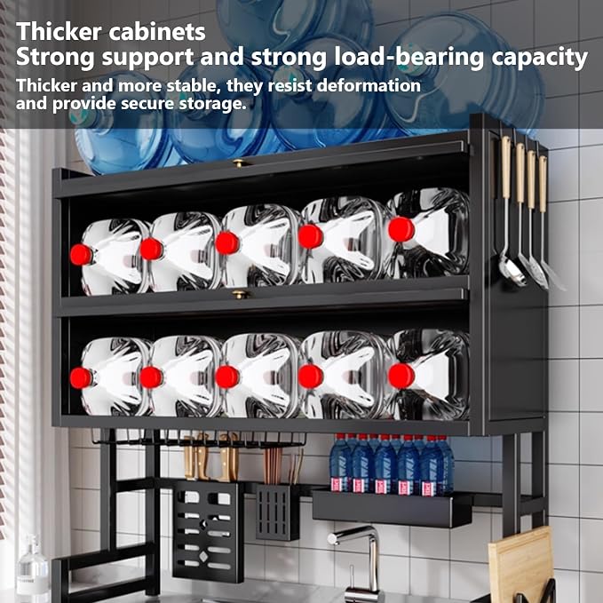 Double-Layer Dish Rack Kitchen Above the Sink Dish Drain Multi-Layer Dish countertop Multi-Function Storage Drain Board Drying kit(Black,65cm/25.6in) - Image 4