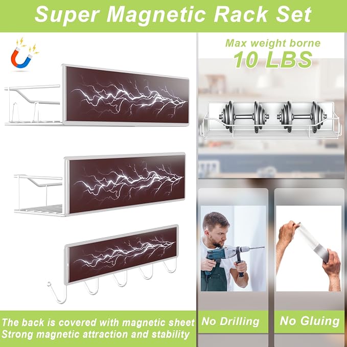 Magnetic Spice Rack for Refrigerator, 5 Pack Metal Strong Magnet Spice Organizer Shelves with Hook Rack, Space Saving Magnetic Fridge Shelf for Home Kitchen Organization and Storage (White) - Image 3