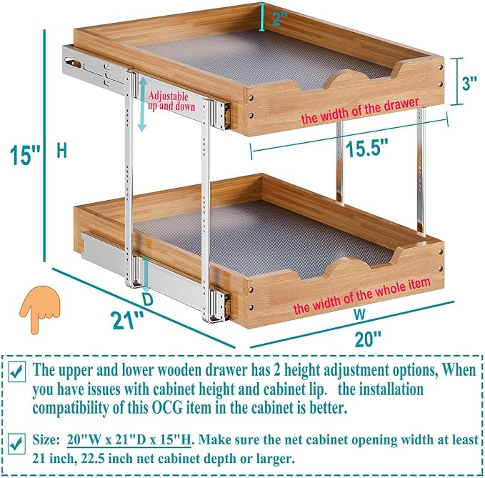 OCG 2 Tier Pull Out Cabinet Organizer (20"W x 21"D), Heavy-Duty Slide out Wood Drawer Shelf, Pull Out Drawer for Cabinets, Base Cabinet Organization for Kitchen, Pantry, Bathroom - Image 2