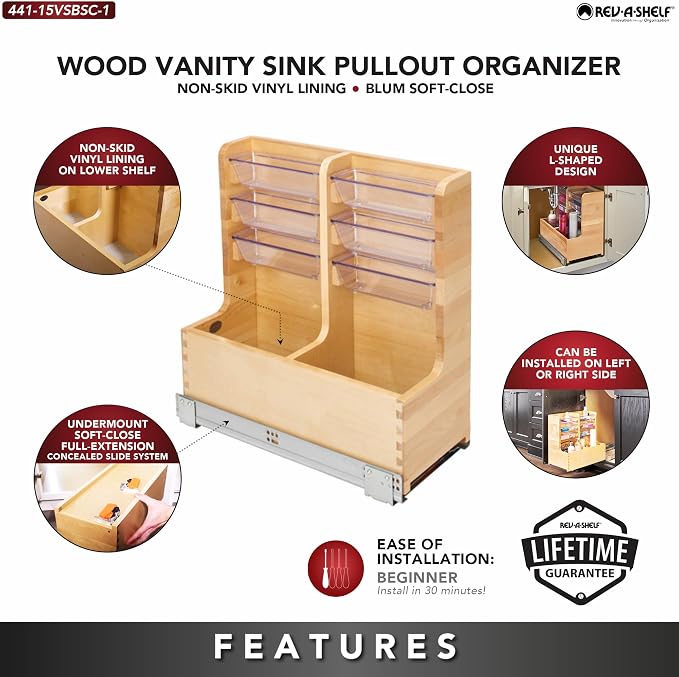 Rev-A-Shelf 30" Wood Vanity Sink Pullout Organizer Cabinet Storage with Soft-Close for Kitchen or Bathroom, Min Opening Width of 12", Maple Wood, 441-15VSBSC-1 - Image 4
