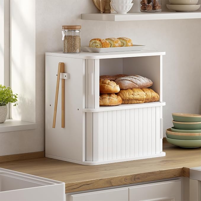 WOWLIVE 2-Tier Roll Top Bread Box for Kitchen Countertop Storage Cabinet | Double Layer Bamboo Bread Boxes with Sliding Doors, Extra Large Bread Storage Cabinet for Loaves & Pastries, White - Image 2