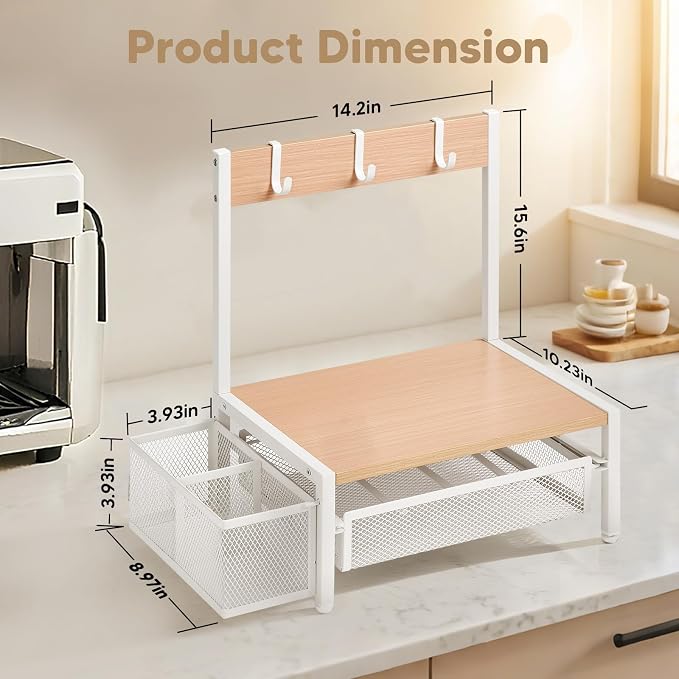 DGWJSU Tea Bag Organizer, Wood Tea Organizer and Storage Cheast, Tea Bag Holder with Storage Drawer, 4 Hooks for Tea Cups Holder, Tea Station Chest Display Container Box for Countertop Kitchen (White) - Image 4