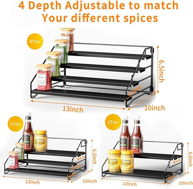 4 Tier Spice Rack Organizer for Cabinet, Depth Adjustable Spice Rack,1 Pack | Black, Metal Spice Organization for Cabinet, Easy Visibility, Tiered Spice Shelf Perfect for Cabinet, Pantry and Countertop - Image 5