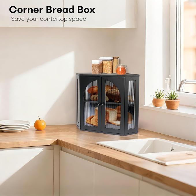 Corner Bread Box for Kitchen Countertop,Double Layer Bread Holder | 3 Adjustable Height, Large Capacity, Magnetic Acrylic Door, Bamboo Bread Storage Container for Homemade Bread, Black - Image 4