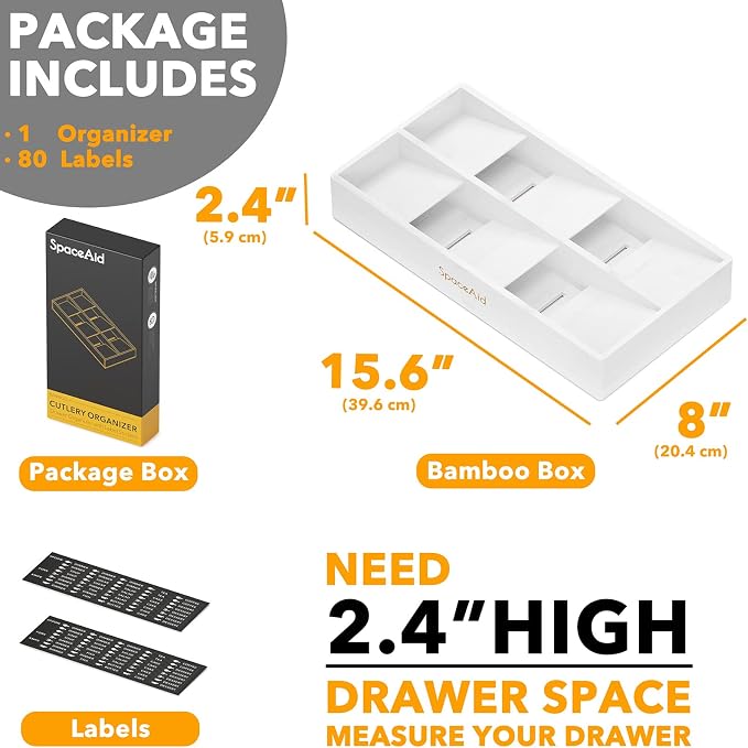 SpaceAid Bamboo Silverware Drawer Organizer with Labels, Kitchen Utensil Tray Holder Organizer for Flatware, Cutlery, Spoon and Knives Drawer Storage Organization (White, 6 Slots) - Image 4