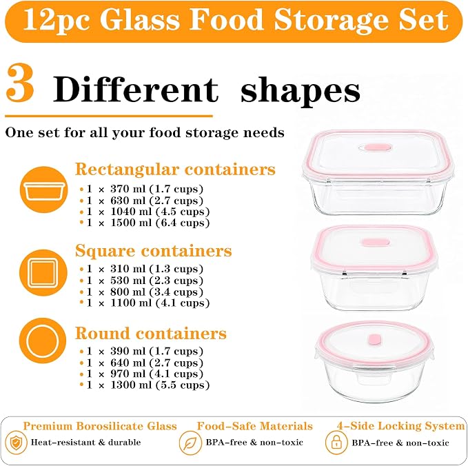 24-Piece Glass Food Storage Containers Set with Airtight lid, Glass Meal Prep Containers, Easy Stack Containers, Durable Glass Container-From Fridge directly to Oven and Dishwasher Safe (Pink) - Image 3