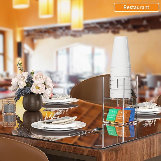Beego 2-Compartment Cup Holder for Countertop - 2-Tier Clear Acrylic Cup Dispenser Coffee Station Paper Cup and Lid Organizer Condiment Storage for Restaurant Breakroom Kitchen Bar Accessories - Image 4